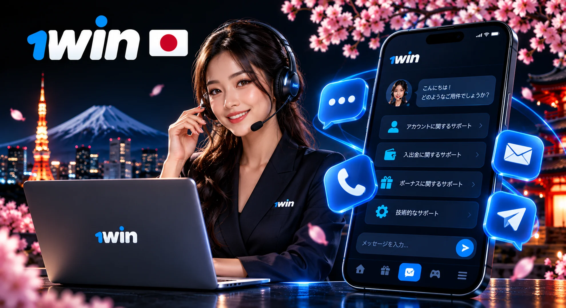 1win カスタマーサポート 日本語対応 24時間365日 ライブチャット 電話 メールで問い合わせ可能