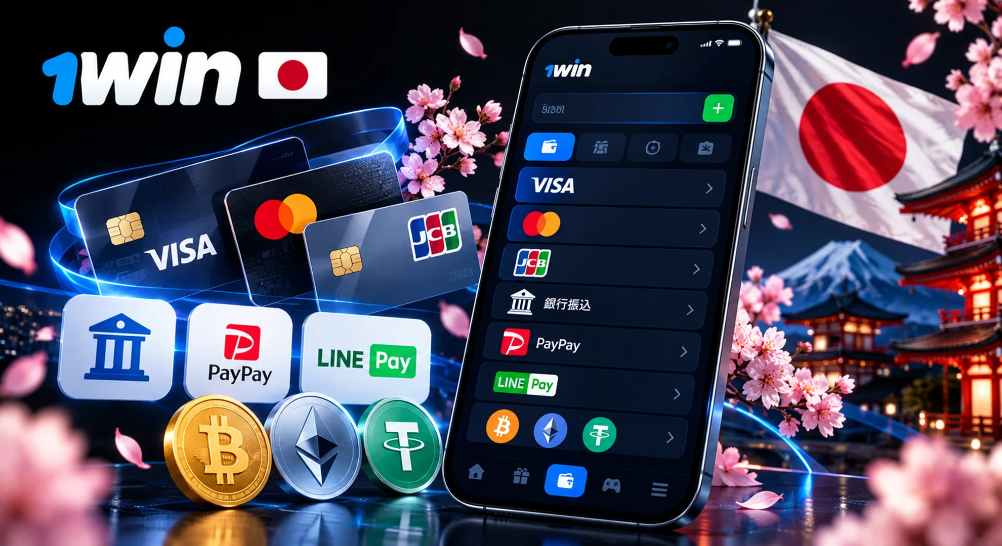 1win 日本 支払い方法 カード決済 銀行送金 電子決済 ビットコイン Ethereum USDT対応